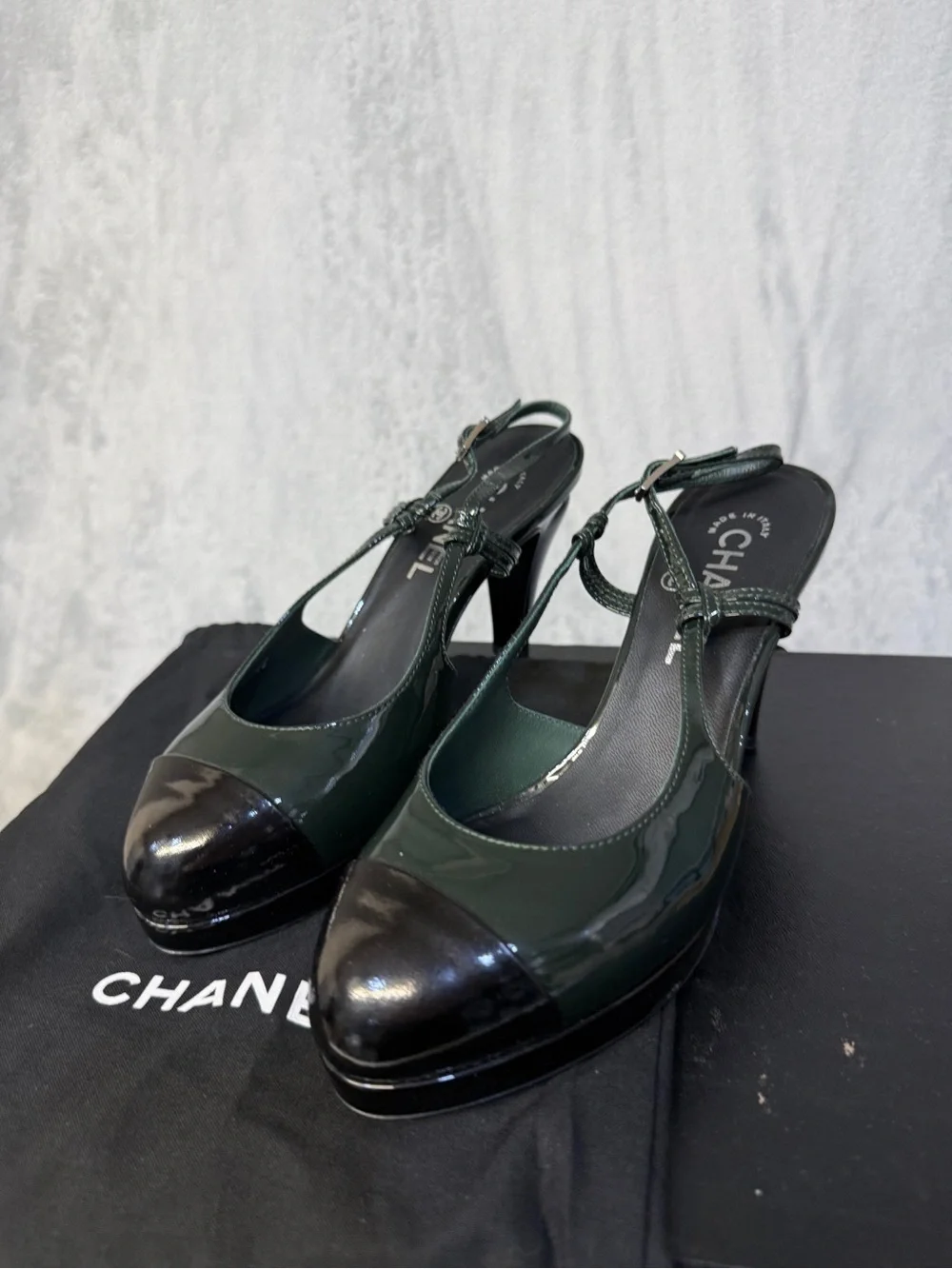 CHANEL Slingbacks Size 7 Patent Leather Green Black Shoes